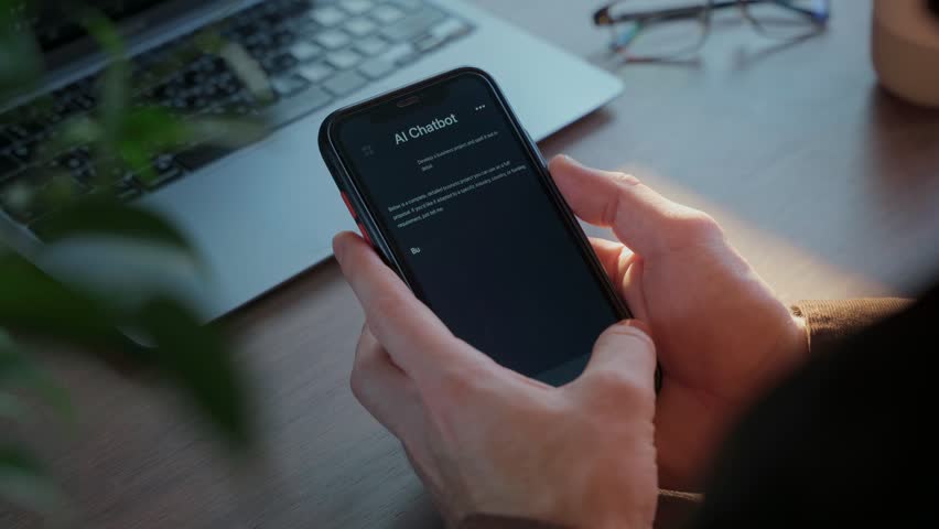 Close up of hands holding smartphone with AI chatbot app at workspace with laptop. Artificial intelligence assistant application helps improving business productivity. 