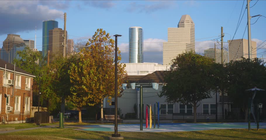 4K Scenic View of Downtown Houston Skyline from Freedmen’s Town Historic District Park