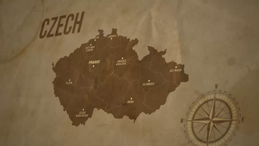 Vintage Map of CZECH REPUBLIC with states Borders and Major Cities Positions
