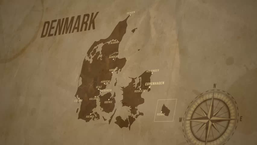 Vintage Map of DENMARK with states Borders and Major Cities Positions