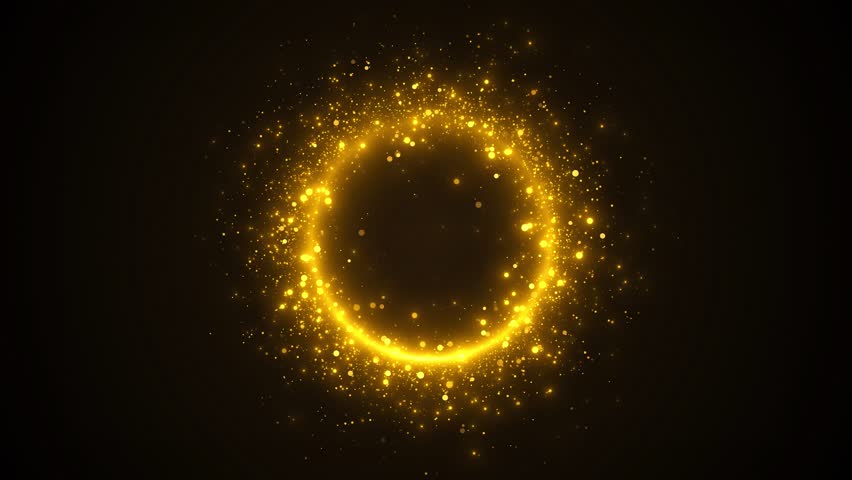 Golden Ring of Particles Black Background. circle frame sparkles and flares Golden glitter light tail, sparkling shining glare effect. Gold glittering magic shimmer, glowing light sparks and particles