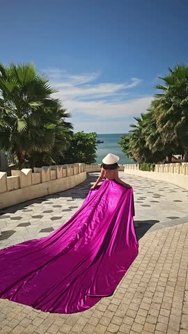 A woman in a bright pink dress poses against the backdrop of a European-style city, a girl in a dress with a long train, flying trail. A beautiful city in an old colonial style, Venice, the Venice of Vietnam