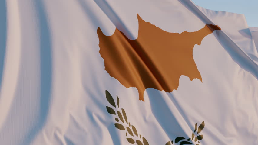 Cyprus, Nicosia: Cinematic Waving National Flag Against Blue Sky