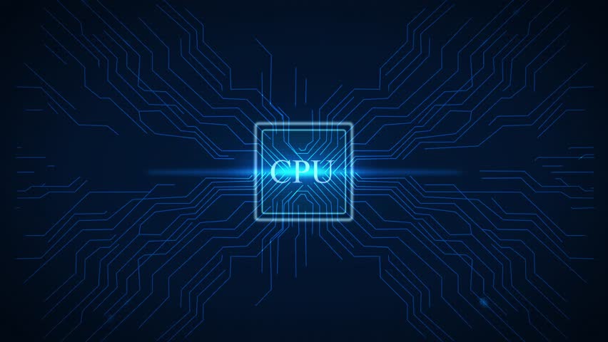 CPU Chip Core With Digital Circuit Network Futuristic Animation on dark background. Data Processing ,Computing Power And Digital Systems.