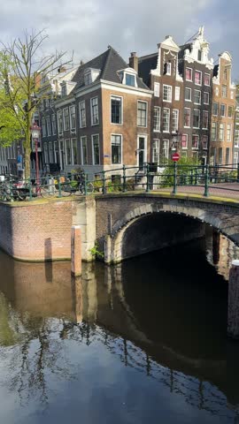 Facades of old historic Houses over canal water, Amsterdam, Netherlands