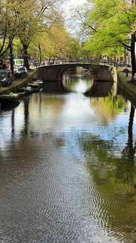 Facades of old historic Houses over canal water, Amsterdam, Netherlands