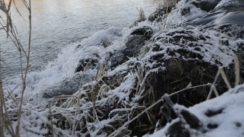 Close up of icy water flowing over frozen rocks in winter river