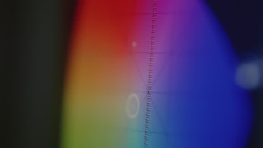 Color correction and grading video monitor. Hue and bars on display, showing the editing software interface. Laptop or display, Mixing, Indicator color signal.