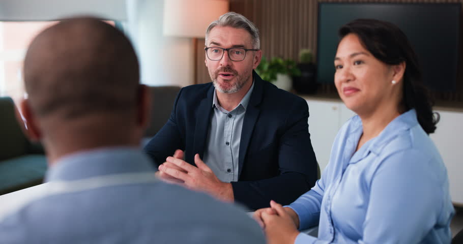 Happy, business people or meeting with handshake for agreement, proposal or deal in office. Businessman, woman or shaking hands with client for b2b opportunity, startup or onboarding in workplace