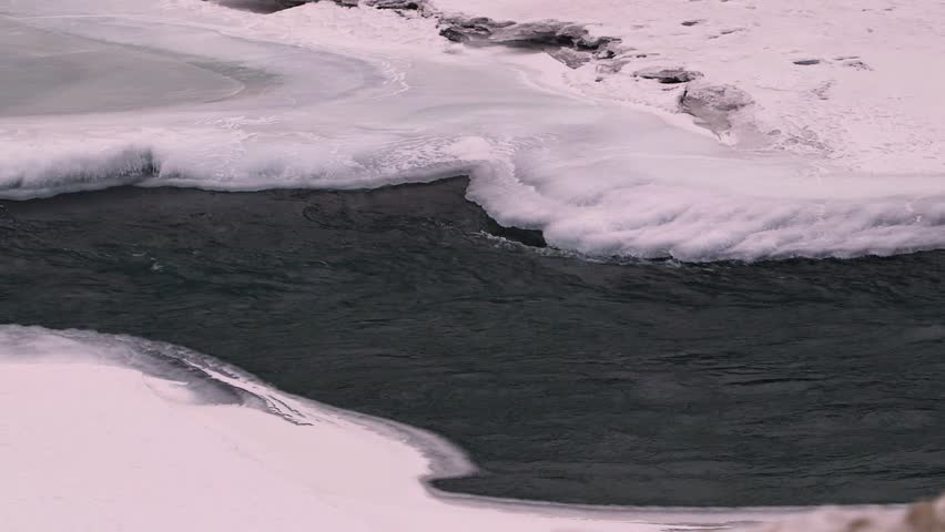 Close up of frozen river flowing under ice