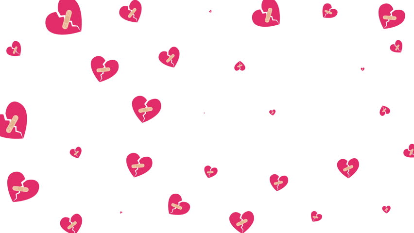 Abstract background pattern of scattered pink broken hearts fixed with adhesive bandages on white representing healing and heartbreak recovery concept
