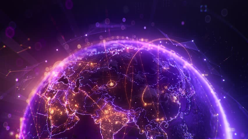 Futuristic purple Earth globe with glowing global data network and digital connection lines, 3d render concept of worldwide telecommunication, internet and big data transfer.