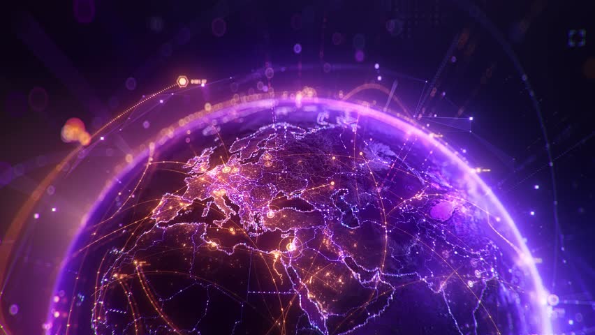 Futuristic purple Earth globe with glowing global data network and digital connection lines, 3d render concept of worldwide telecommunication, internet and big data transfer.