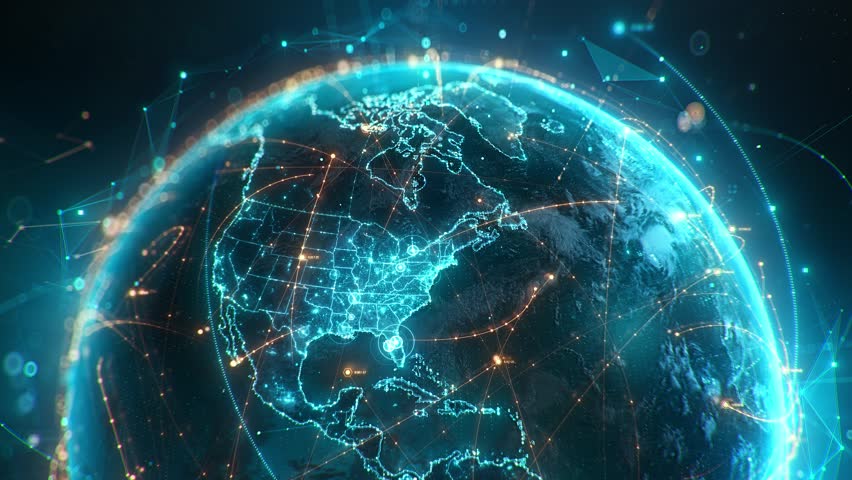 High-tech digital Earth globe animation featuring glowing USA map and North America data network connections for global business, fintech and cyber security 3d concept animation