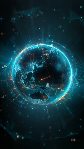 Futuristic digital globe of Earth with glowing data points network connections on a dark background. Worldwide links on planet at night. Concept of World communication technology. 3d seamless loop 