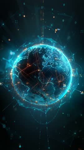 Futuristic digital globe of Earth with glowing data points network connections on a dark background. Worldwide links on planet at night. Concept of World communication technology. 3d seamless loop 