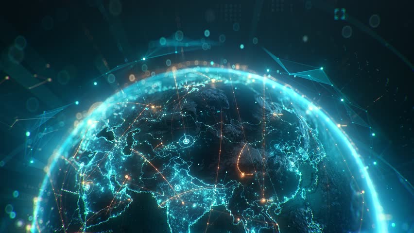 Futuristic digital Earth globe with glowing global network connection lines, big data transfer and cyber security technology over Europe map, 3D render concept of worldwide connectivity and globalization.