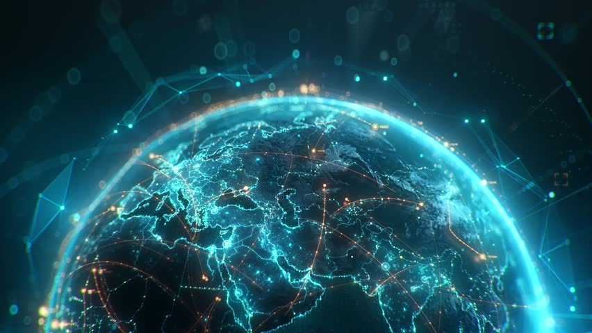 Futuristic digital Earth globe with glowing global network connection lines, big data transfer and cyber security technology over Europe map, 3D render concept of worldwide connectivity and globalization.