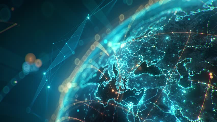 Futuristic digital Earth globe with glowing global network connection lines, big data transfer and cyber security technology over Europe map, 3D render concept of worldwide connectivity and globalization.