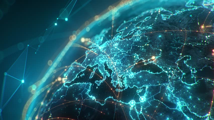 Futuristic digital Earth globe with glowing global network connection lines, big data transfer and cyber security technology over Europe map, 3D render concept of worldwide connectivity and globalization.