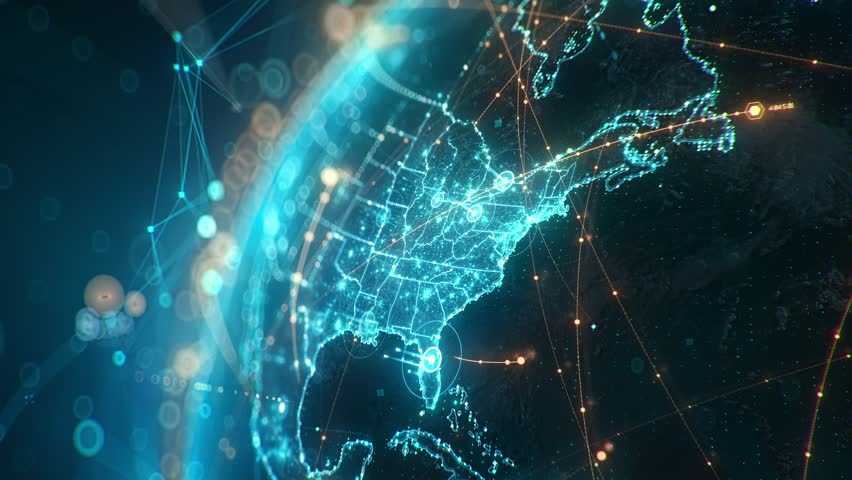 Futuristic digital globe of Earth with glowing data points network connections on a dark background. Worldwide links on planet earth at night. Concept of World communication technology. 3d animation