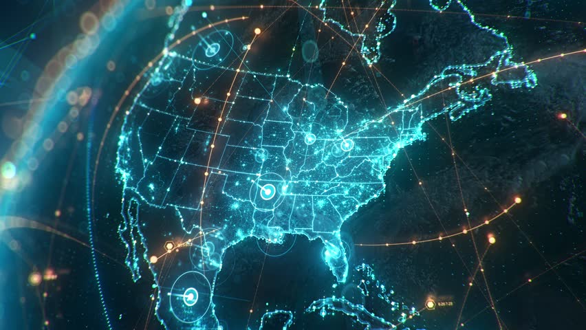 Futuristic digital globe of Earth with glowing data points network connections on a dark background. Worldwide links on planet earth at night. Concept of World communication technology. 3d animation