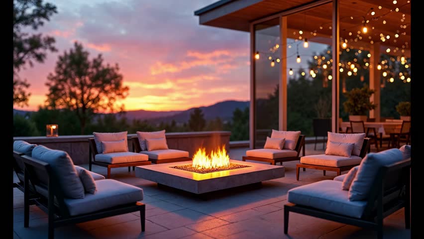 Luxurious modern patio setup featuring a gas fire pit surrounded by comfortable seating under a vibrant sunset creating a cozy evening atmosphere