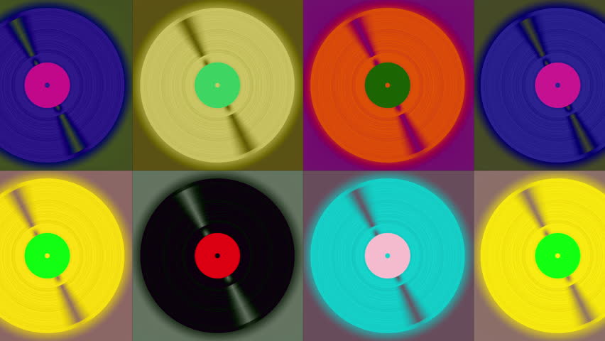 Spinning vinyl records on a simple colored background. Seamless loop animation. Retro design and old technology. 3D rotating music disc in a vintage synthwave style.