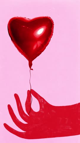 Creative video ad. Romantic poster of red heart balloon held by hand for Saint Valentine Day. Concept of event promotion, romantic announcements, lifestyle branding, holiday advertising visuals