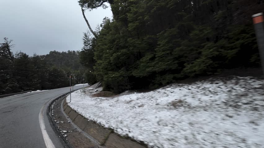 Scenic roadside view of the snow-covered forest and mountains near the Cardenal Samore International Pass in Patagonia seen from a moving vehicle