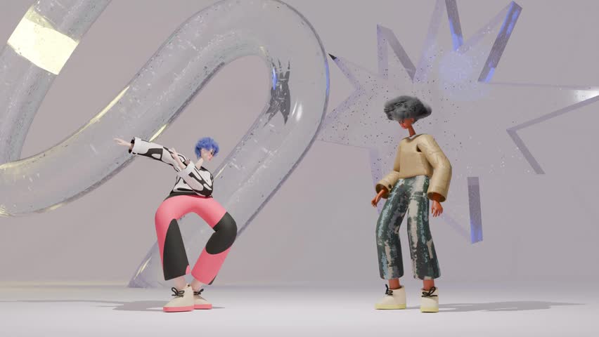 Two girls dancing 3D render cartoon, abstract figures moving on the background.