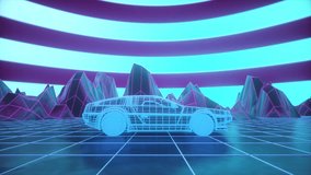 Retro Futuristic Wireframe Car in Neon Grid Landscape With Mountains - Powered by Shutterstock - Get 15% off with code: PIKWIZARD15