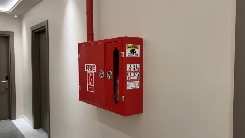 Fire extinguisher cabinet on wall in commercial building with emergency safety instructions video