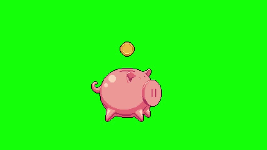 Pixel art piggy bank coin drop animation loop