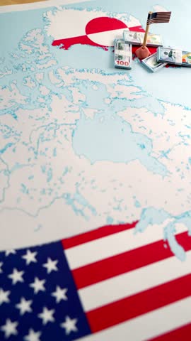 Political concept showing the United States of America buying Greenland from Denmark, represented by national flags on a map and miniature dollar bills, symbolizing the strategic acquisition