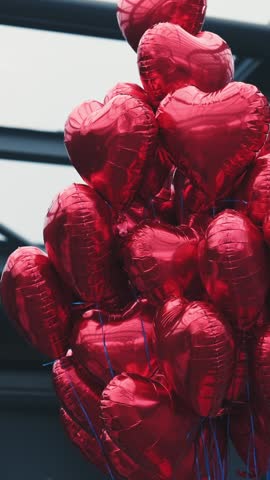 Tied Red Heart-Shaped Balloons, A Gift For February 14Th Valentine