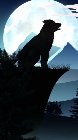 Vertical Wolf Howl Full Moon Vector Silhouette 4K Loop features a vector landscape with a wolf on a cliff howling at a full moon in a vertical ratio loop.