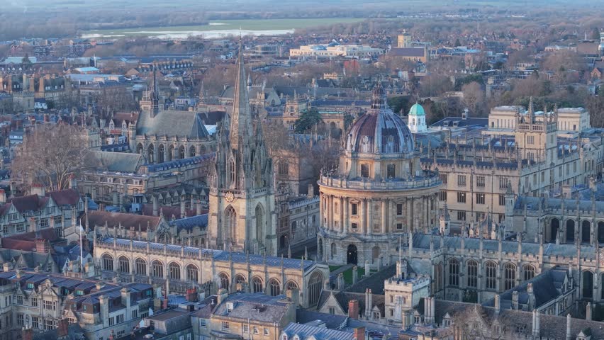 Panoramic aerial view of Oxford university cityscape with iconic historic buildings