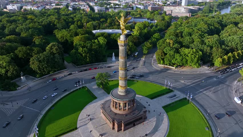 Aerial view of Victory Column in Berlin, Germany, at the heart of Tiergarten Park, and cityscape