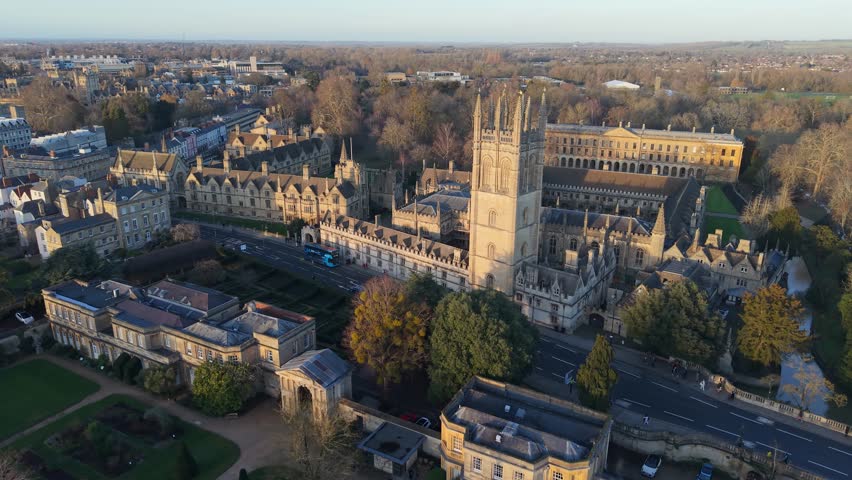 Aerial view showcasing the historic colleges and university buildings in Oxford, United Kingdom