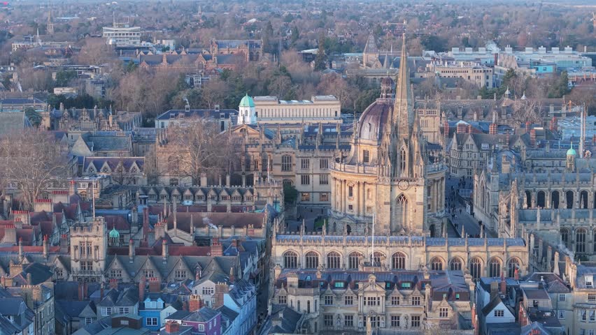 Aerial view of historic Oxford city center university buildings and famous landmarks