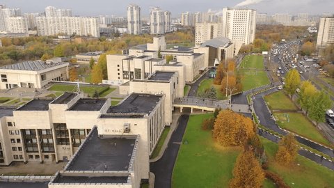 Drone Pulling Back Mgimo University Building Autumn