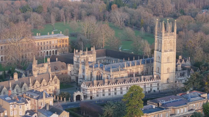 Magdalen College tower and quadrangle from an aerial perspective in the historic city of Oxford