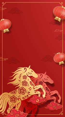 Chinese New Year 2026 Footage Template 4k with Horse Zodiac Animation and Lantern on Red Background. Loopable and Copy Space. Vertical Lunar New Year Motion Graphic Without Text