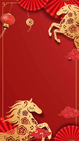 Chinese New Year 2026 Footage 4k with Horse Zodiac Animation, Traditional Oriental Red Fan and Lantern on Red Background. Loopable and Copy Space. Vertical Lunar New Year Motion Graphic 