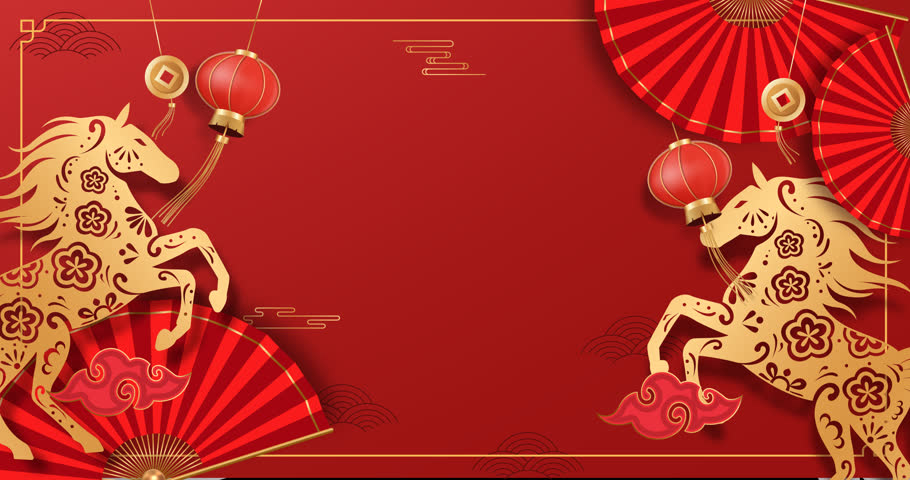 Chinese New Year 2026 Footage Template 4k with Horse Zodiac Animation, Traditional Oriental Red Fan and Lantern on Red Background. Loopable and Copy Space. Vertical Lunar New Year Motion Graphic Without Text