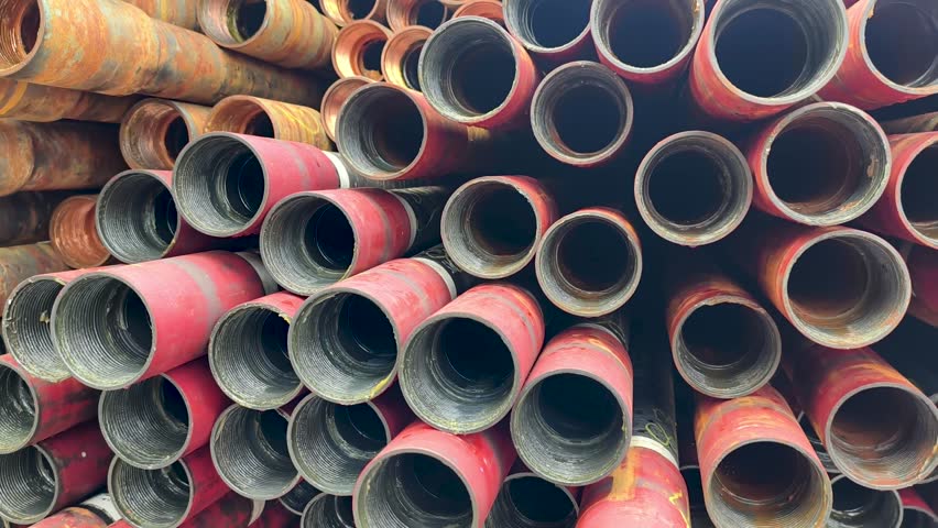 Stack of oilfield tubing taking at pin end connection for oil and gas well completion (exploration and production industry)
