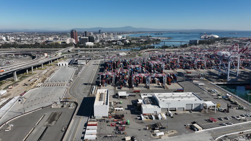 Long Beach, California, USA - High View of Port of Long Beach With Shipping Containers Yard, Facing Downtown LBC at the Los Angeles Port Next to San Pedro, California in SoCal