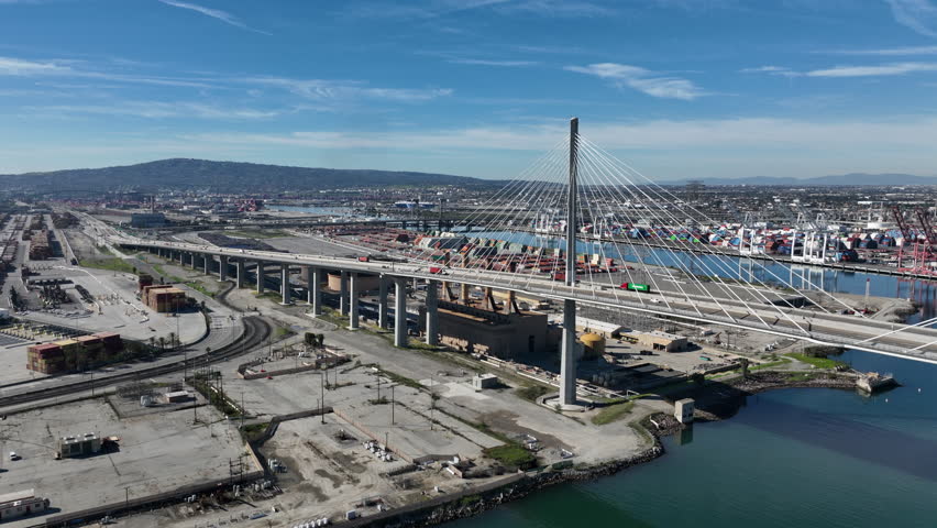 San Pedro, California, USA - Aerial View of Long Beach International Gateway Bridge Next to Terminal Island, CA at Shipping Port