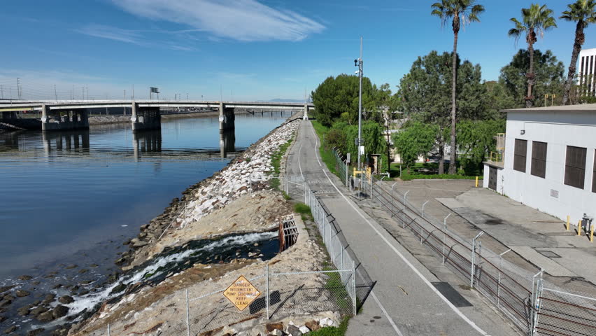 Long Beach, California, USA – Drone View of the Los Angeles River Ending at Queensway Bay Bike Path Next to the 710 Freeway
